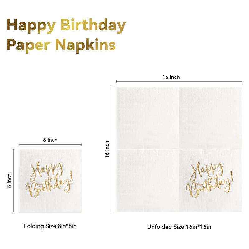 MORGIANA Happy Birthday Napkins, Luxury White Gold Birthday Dinner Napkins, Disposable Cocktail Napkins White, Linen Feel Birthday Party Napkin for Birthday Party Suppliesï¼ˆ8 x 8 in, 50-Pack) - Image 3